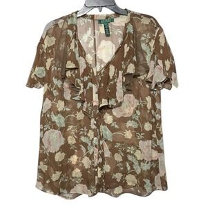Lauren Ralph Lauren Silk Sheer Blouse Size 1X Ruffles Bow Floral FLAW
